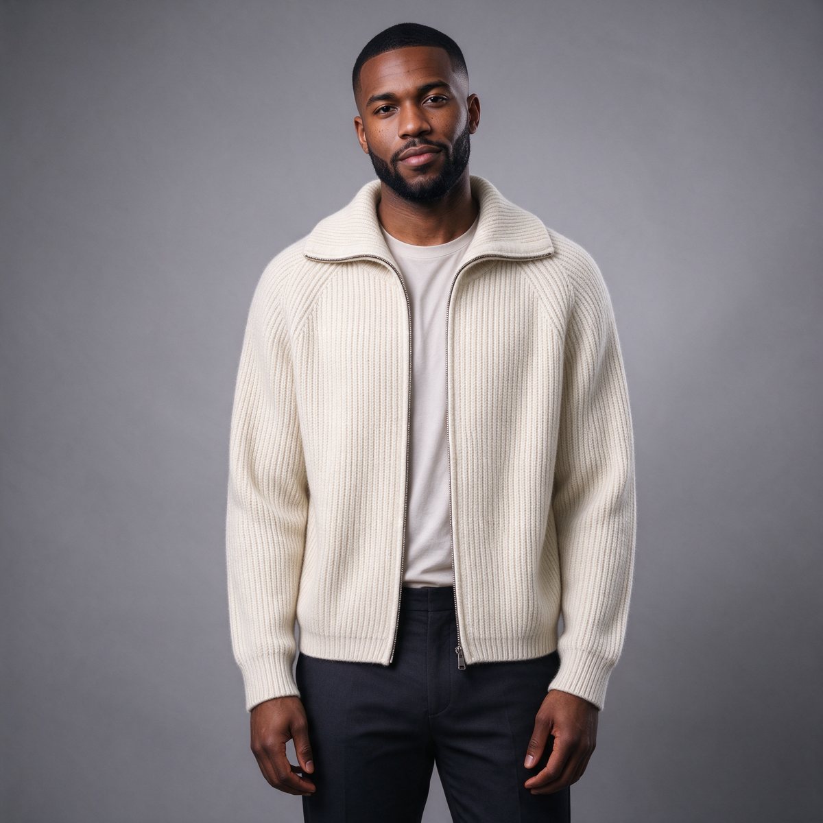 Men's Zip Up Knit Cardigan – High Neck Ribbed