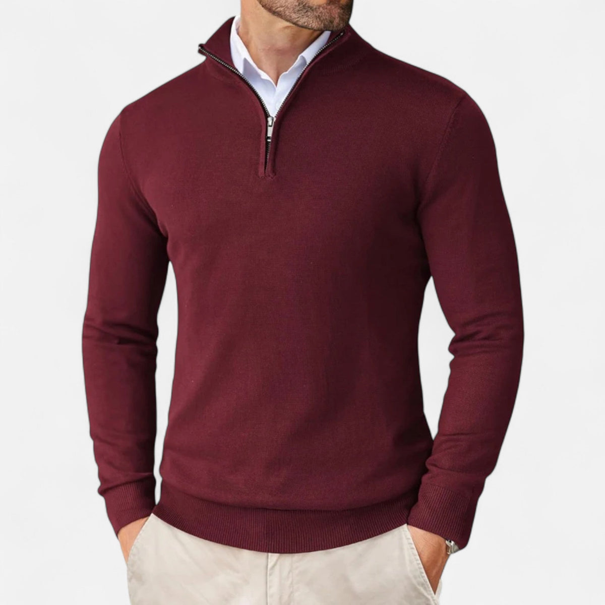 Men's Slim Fit Quarter Zip Jumper in Burgundy