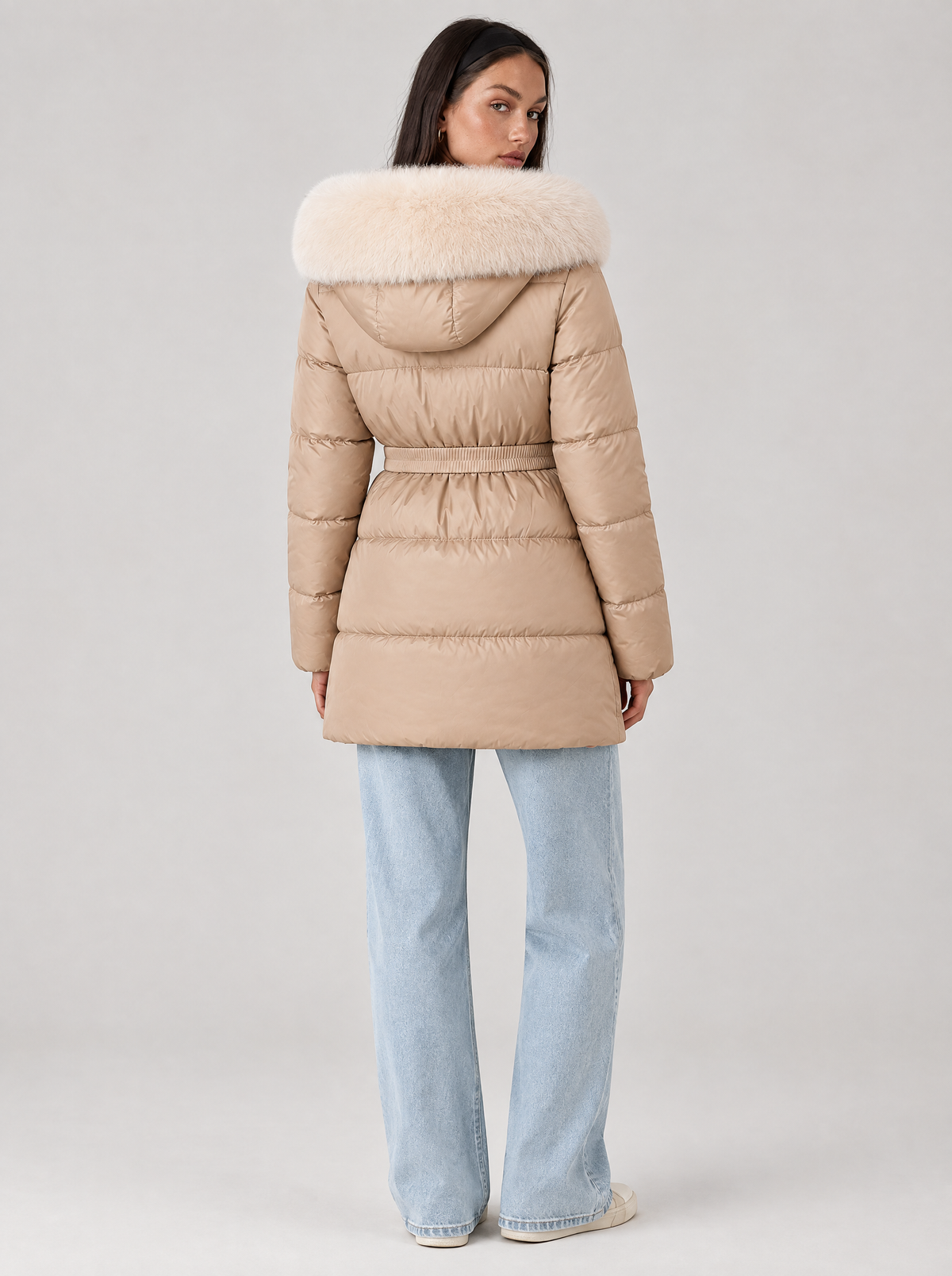 Women's Belted Puffer Jacket with Faux Fur Hood in Beige – view 2