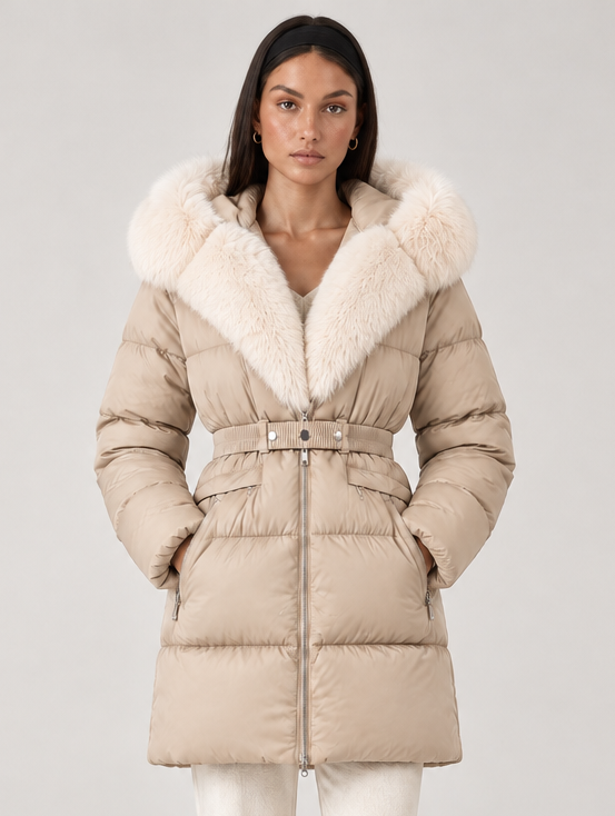 Women's Belted Puffer Jacket with Faux Fur Hood in Beige