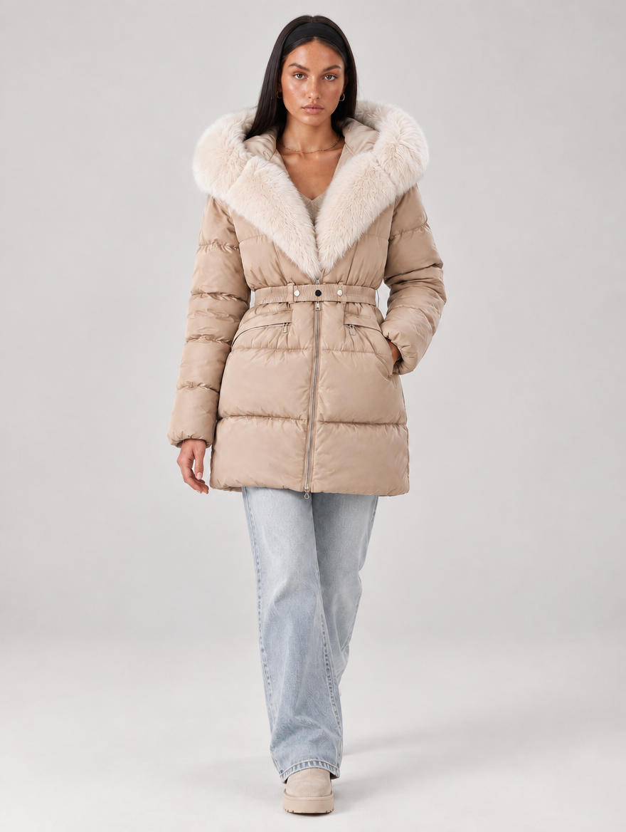 Women's Belted Puffer Jacket with Faux Fur Hood in Beige – view 3