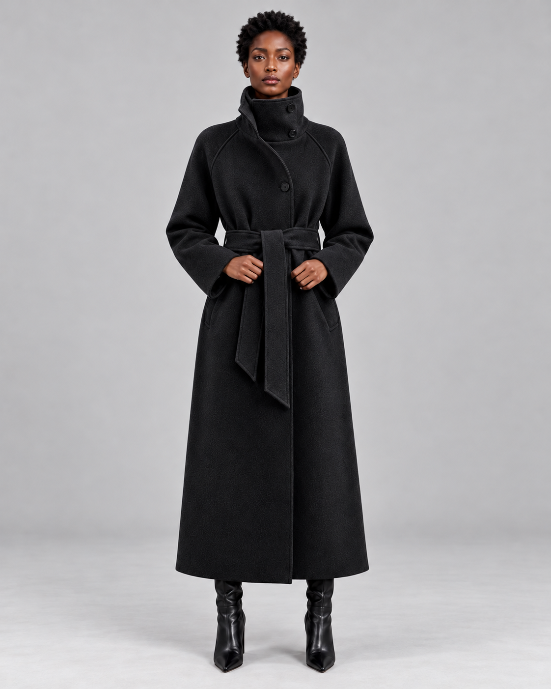Women's Belted Longline Coat – High Collar Wool Look