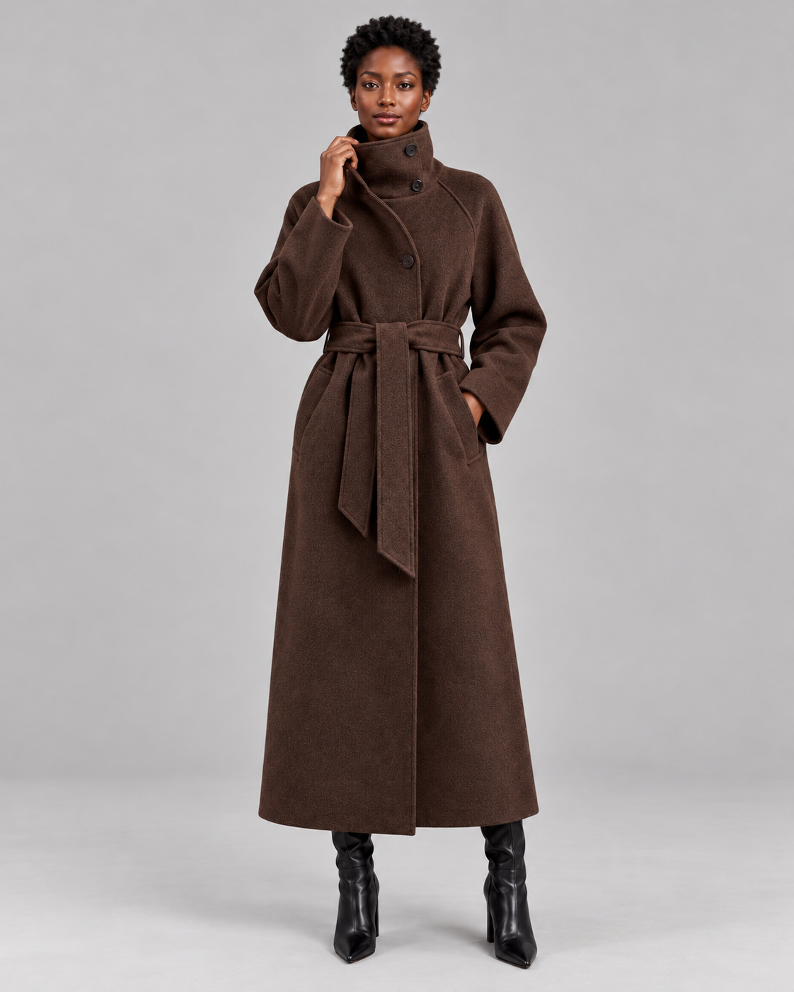 Women's Belted Longline Coat – High Collar Wool Look