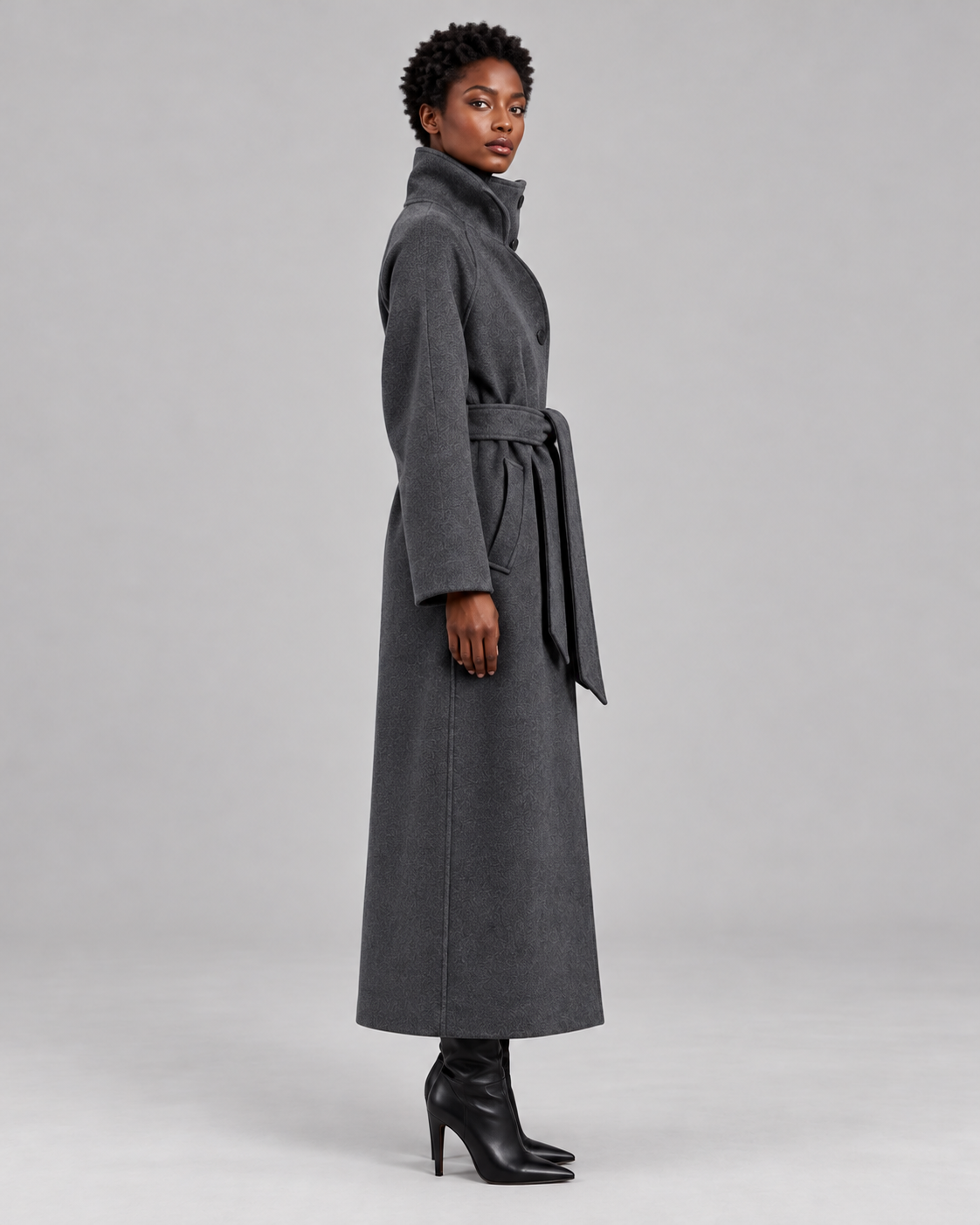 Women's Belted Longline Coat – High Collar Wool Look
