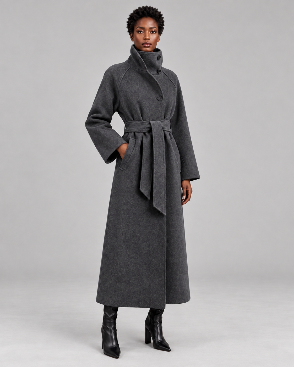 Women's Belted Longline Coat – High Collar Wool Look