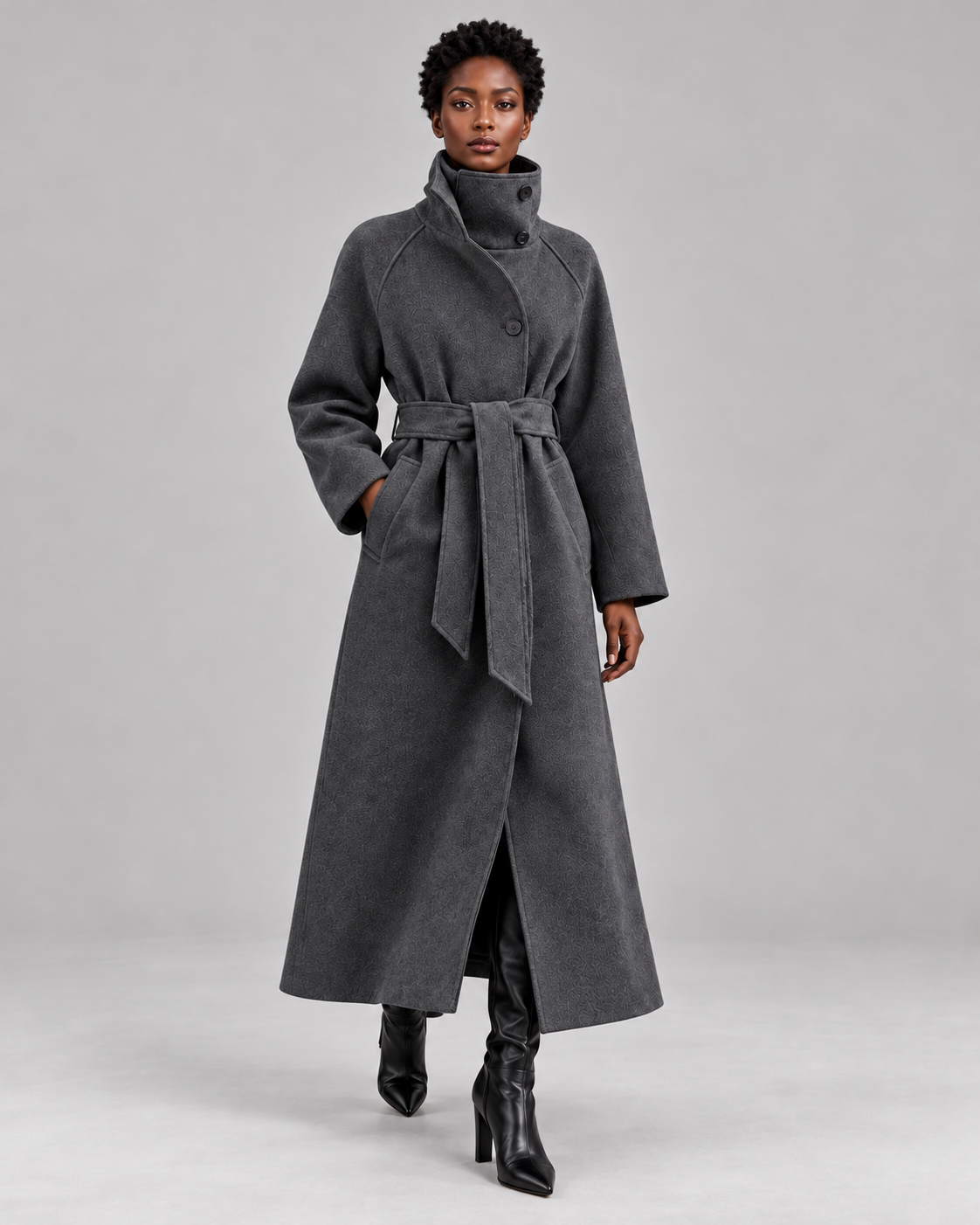 Women's Belted Longline Coat – High Collar Wool Look