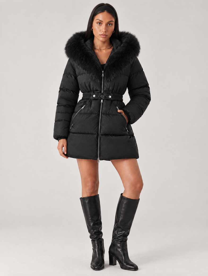 Women's Belted Puffer Jacket with Faux Fur Hood in Black