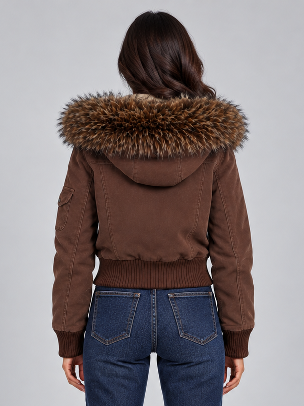 Women's Cropped Bomber Jacket – Faux Fur Hood