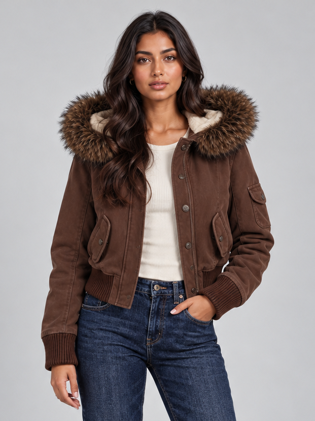 Women's Cropped Bomber Jacket – Faux Fur Hood