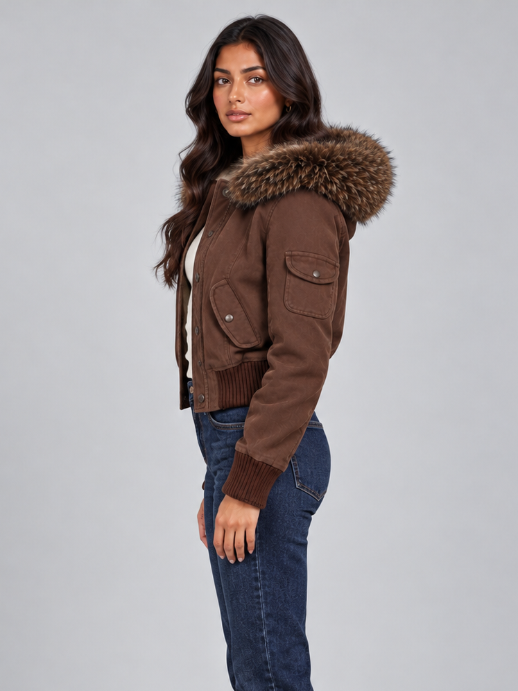 Women's Cropped Bomber Jacket – Faux Fur Hood