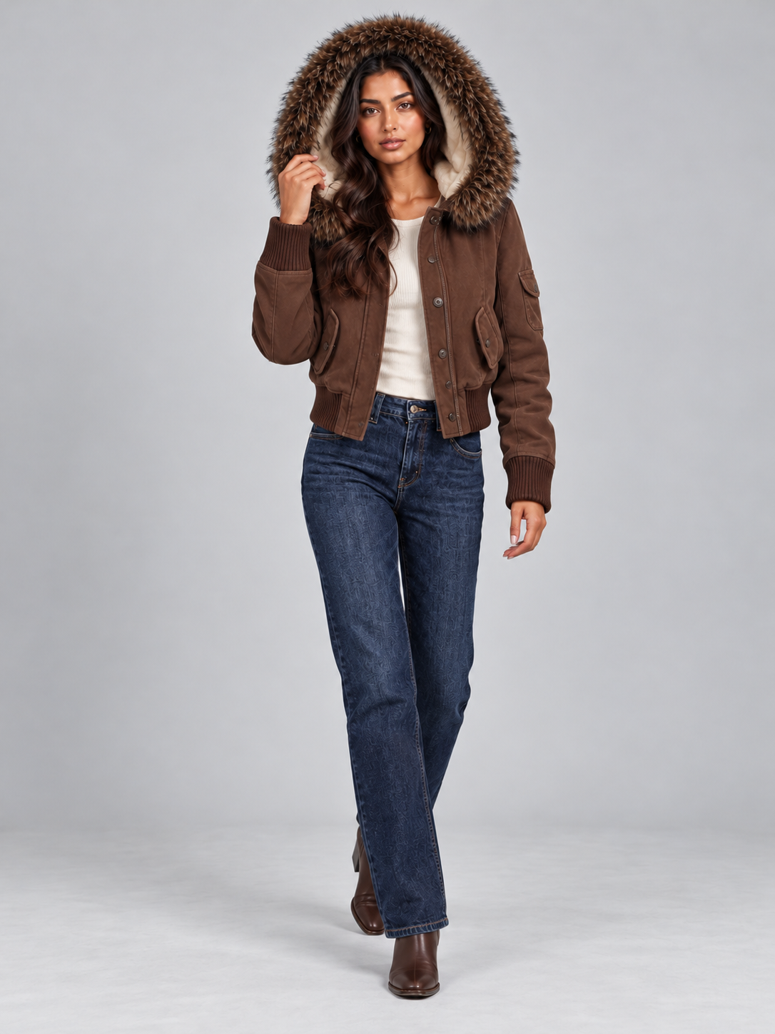 Women's Cropped Bomber Jacket – Faux Fur Hood