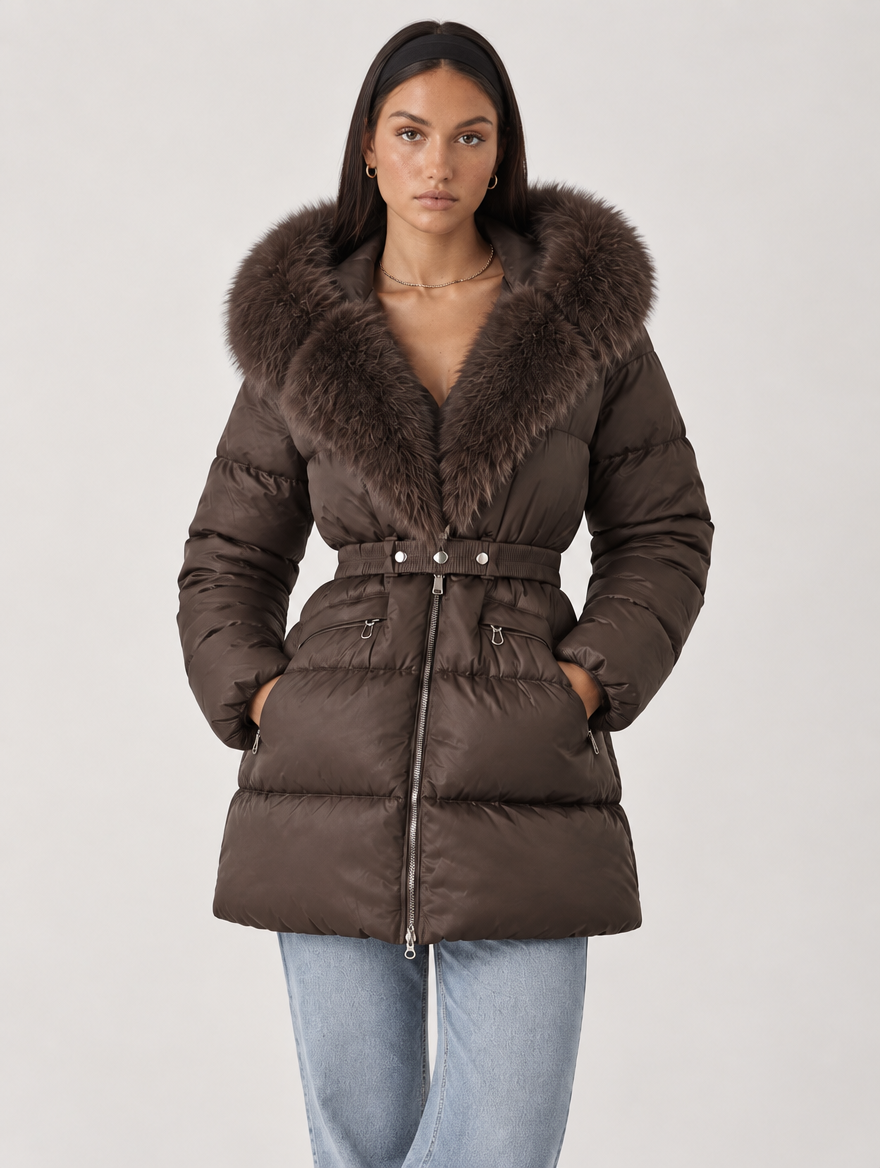 Women's Belted Puffer Jacket with Faux Fur Hood in Brown