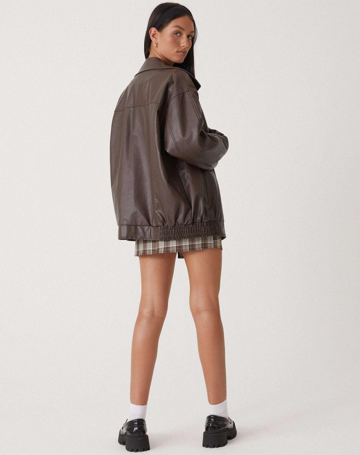 Women's Oversized Faux Leather Bomber Jacket in Brown – image 4