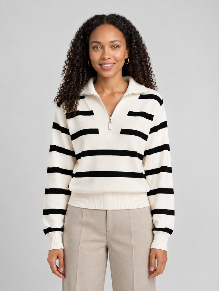 Women's Striped Half Zip Jumper in Cream