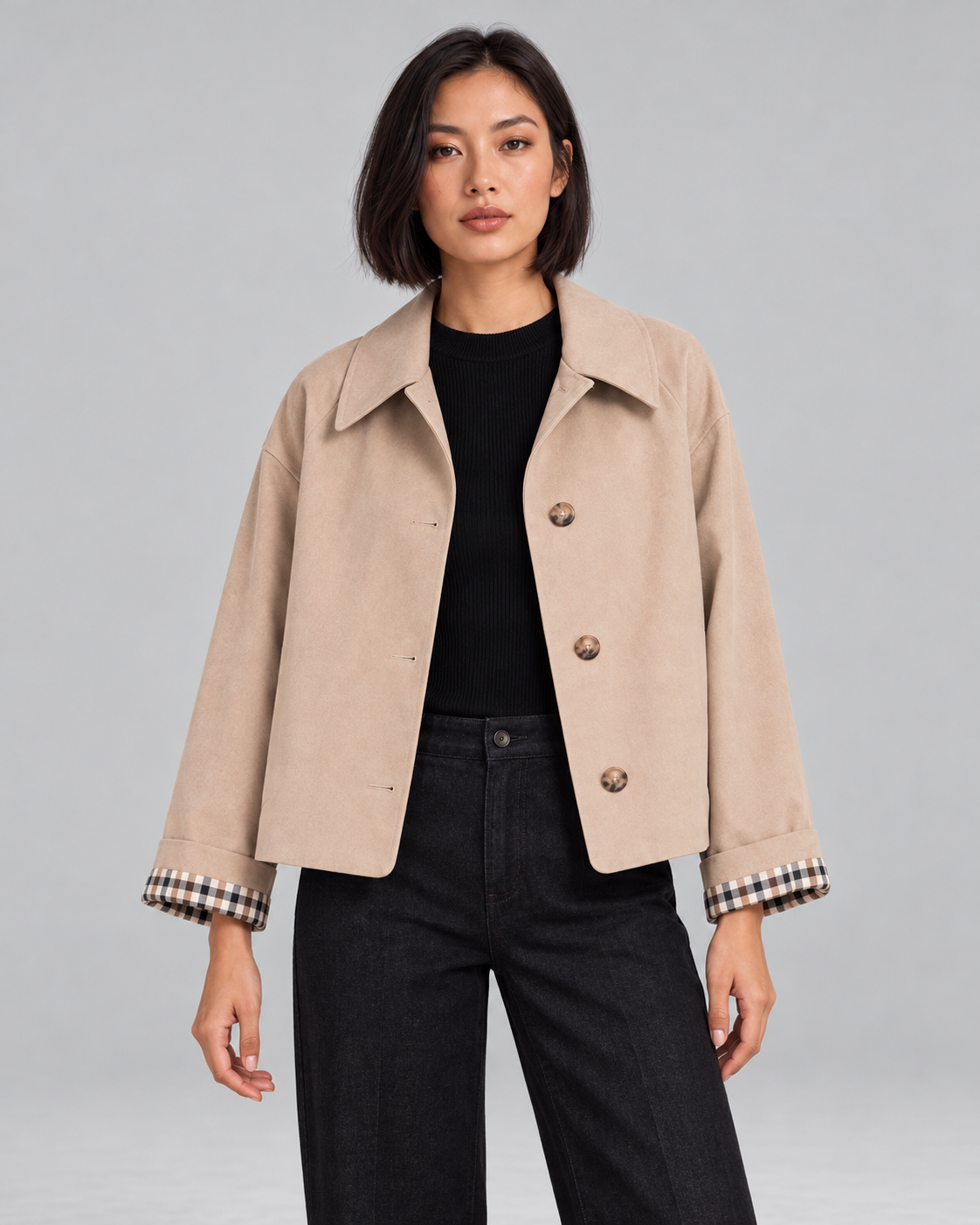 Women's Cropped Trench Jacket – Plaid Lined Cuffs