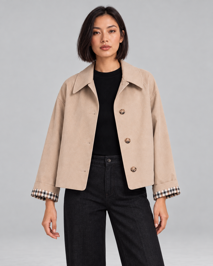 Women's Cropped Trench Jacket – Plaid Lined Cuffs