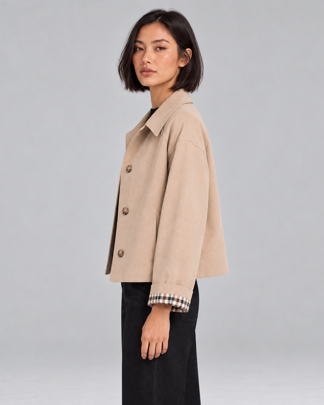Women's Cropped Trench Jacket – Plaid Lined Cuffs