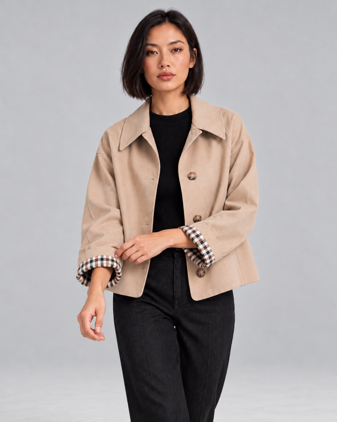 Women's Cropped Trench Jacket – Plaid Lined Cuffs