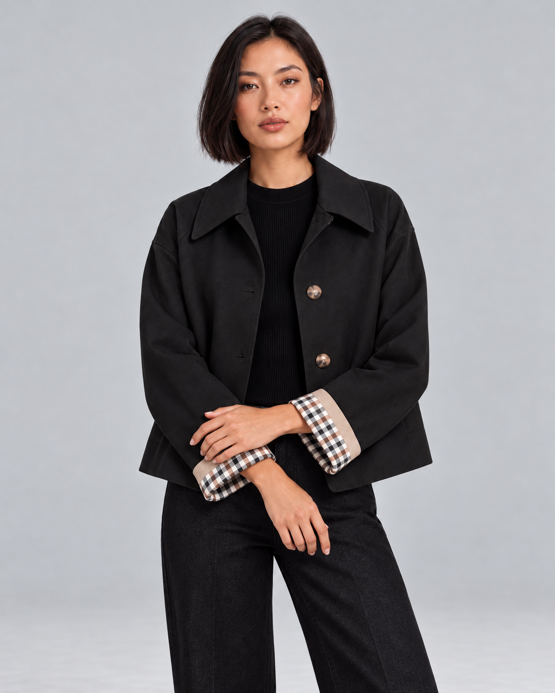 Women's Cropped Trench Jacket – Plaid Lined Cuffs