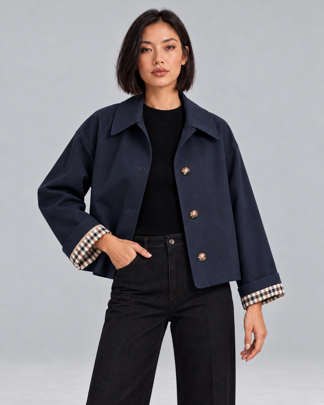 Women's Cropped Trench Jacket – Plaid Lined Cuffs