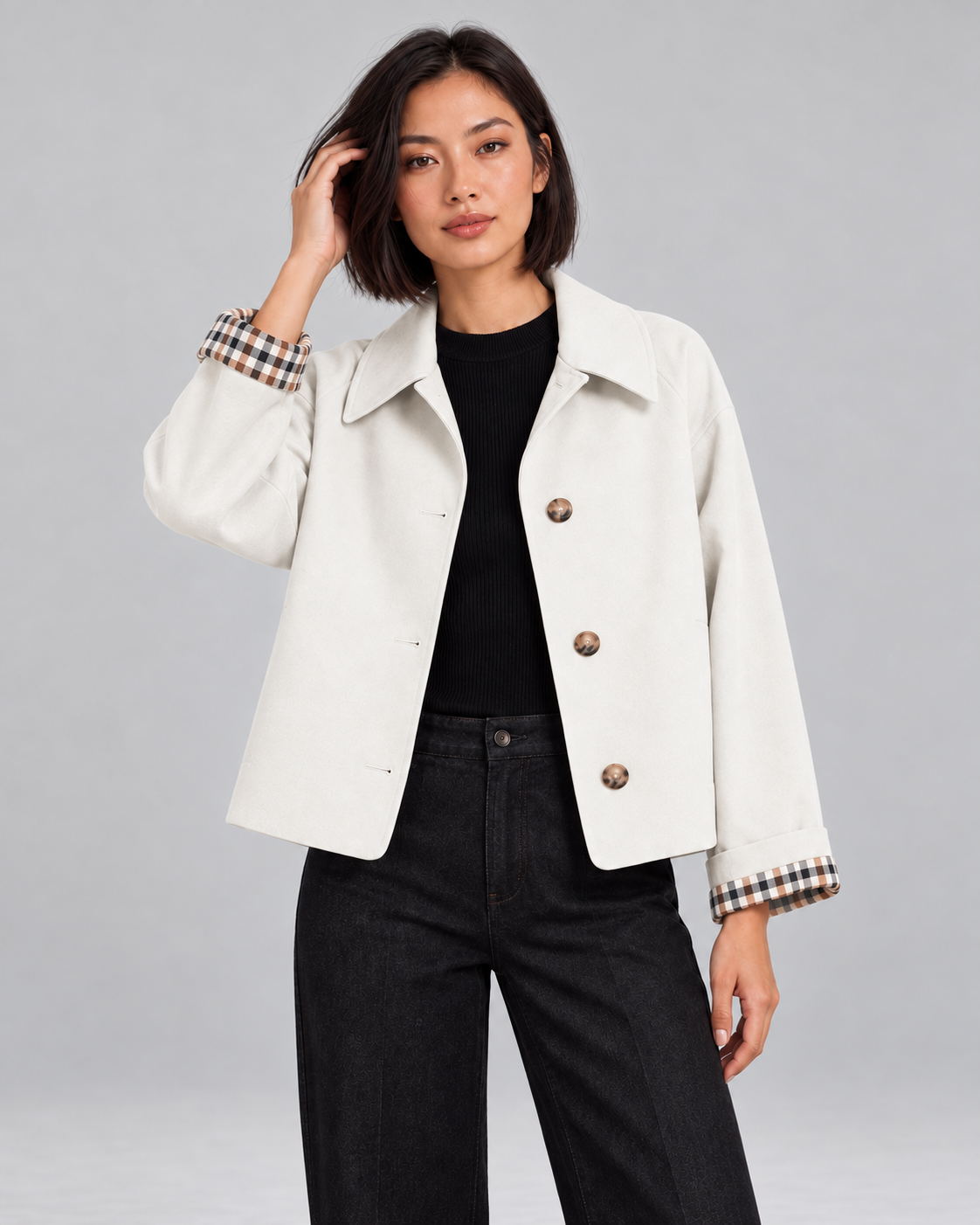 Women's Cropped Trench Jacket – Plaid Lined Cuffs