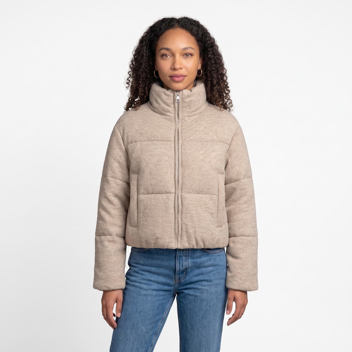 Women's Cropped Quilted Knit Jacket in Beige