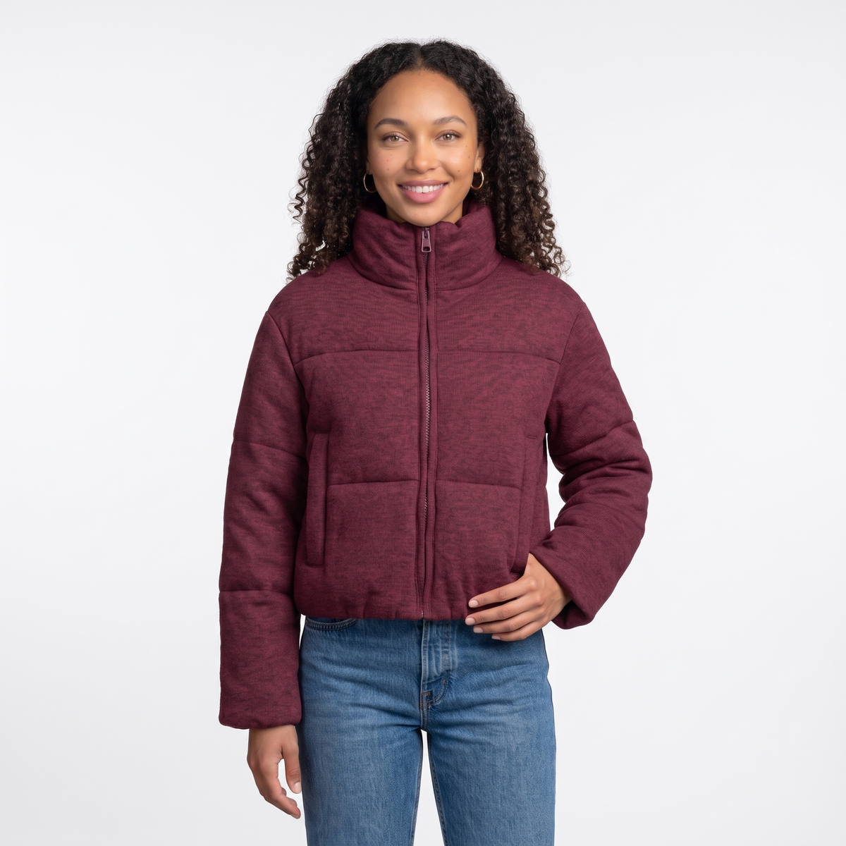 Women's Cropped Quilted Knit Jacket in Burgundy