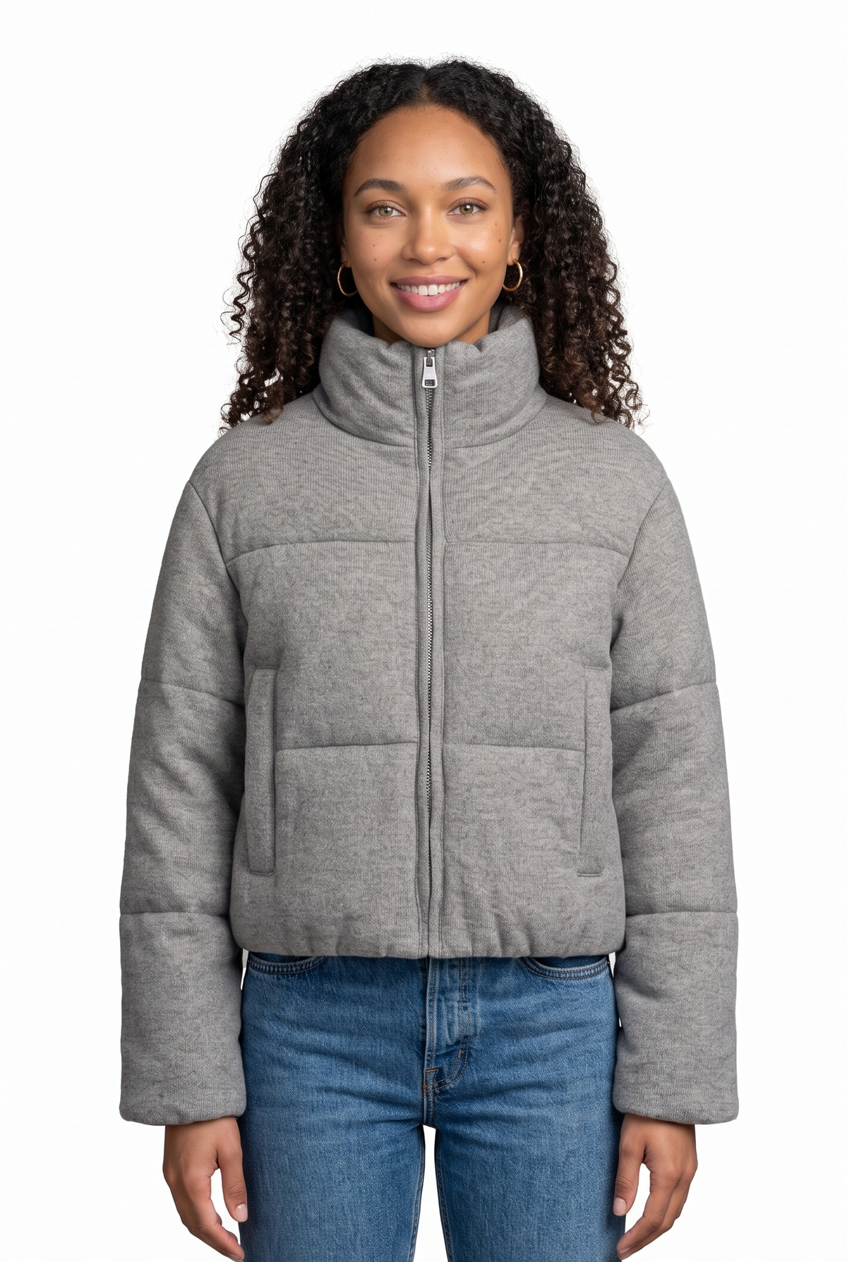 Women's Cropped Quilted Knit Jacket in Grey