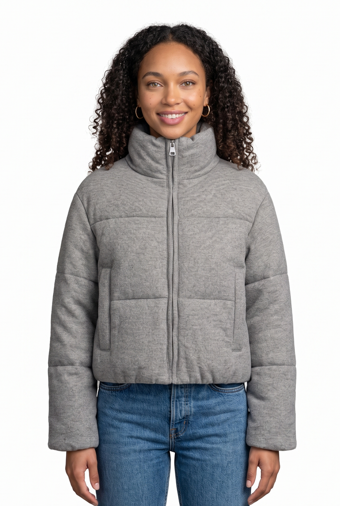 Women's Cropped Quilted Knit Jacket in Grey