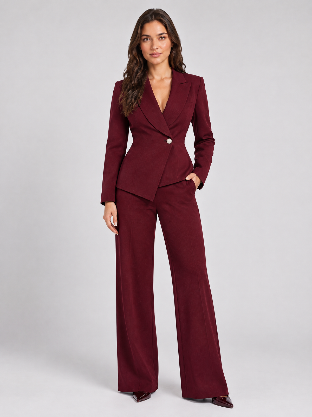 Women's Belted Trouser Suit in Burgundy