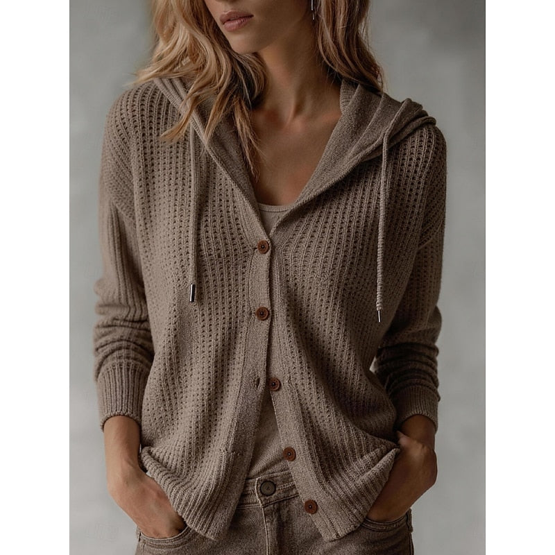 Women's Hooded Textured Knit Cardigan in Beige