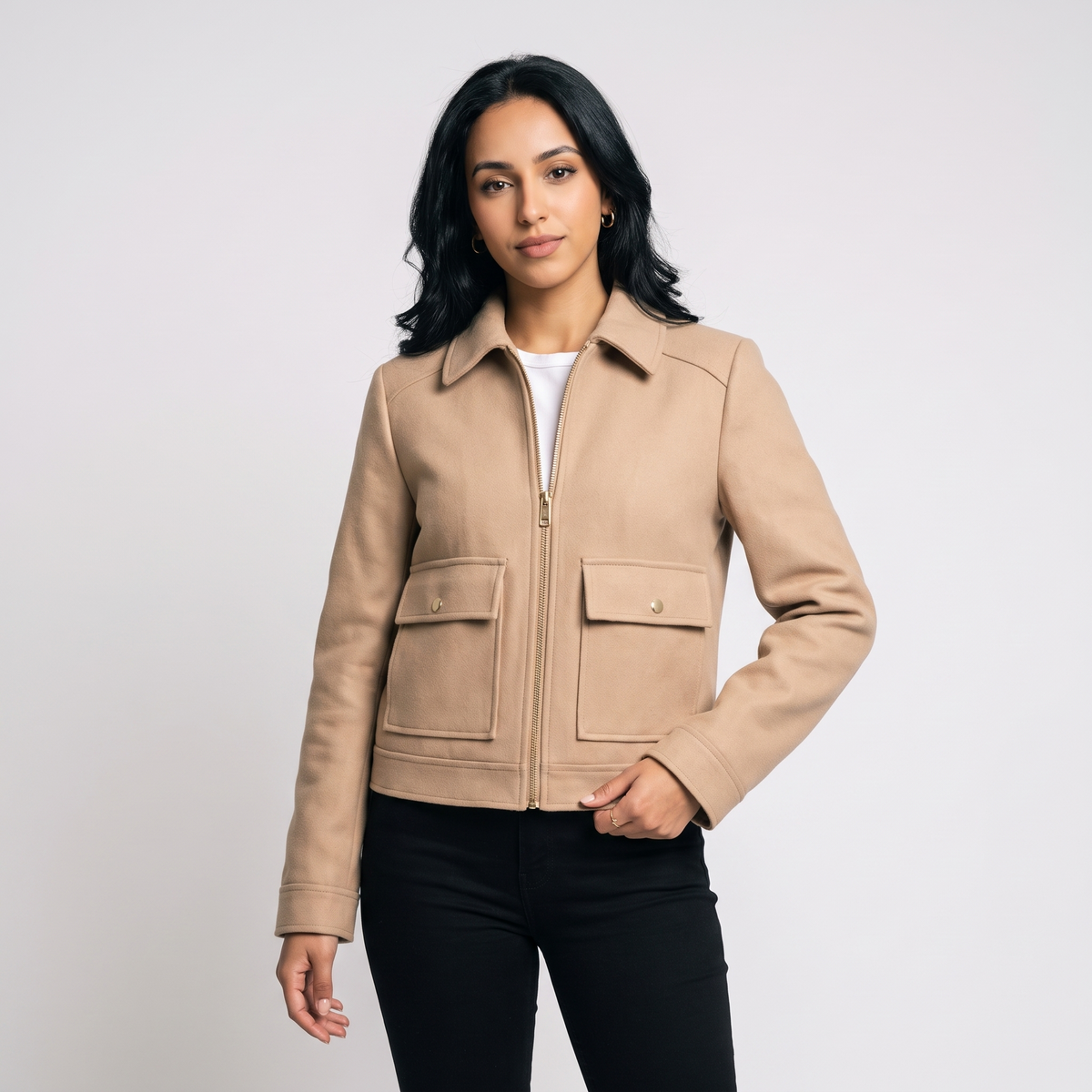 Women's Elegant Zip-Up Winter Jacket in Beige